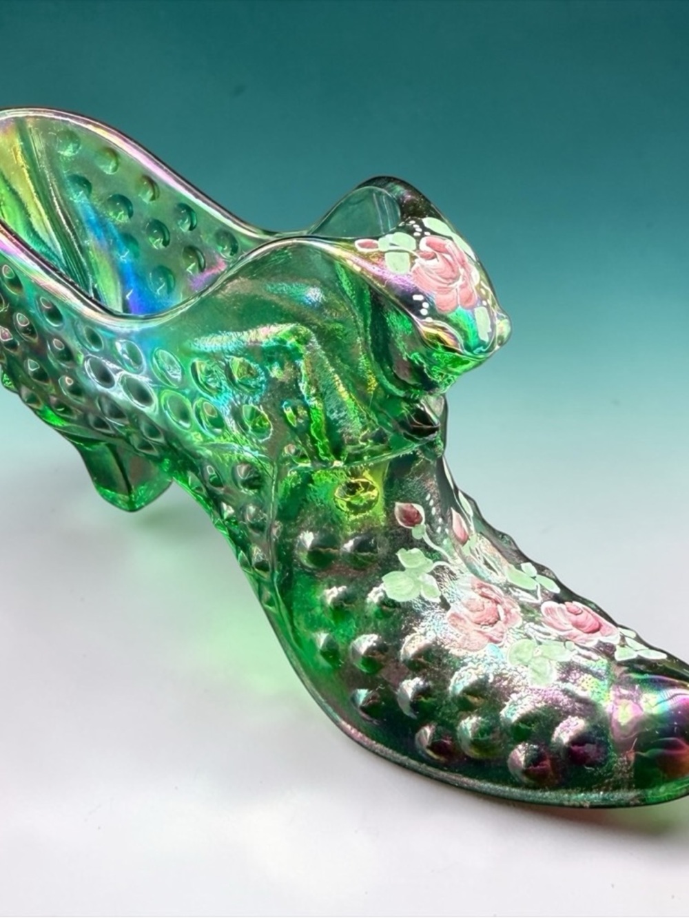 Fenton Art Glass Green Cat Head Hobnail Iridescent Shoe Slipper Roses Signed